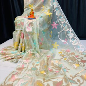 Whispering Mint – Handcrafted Pure Muslin Saree with Gold Border & Multicolor Floral Motifs