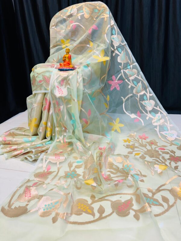 Whispering Mint – Handcrafted Pure Muslin Saree with Gold Border & Multicolor Floral Motifs