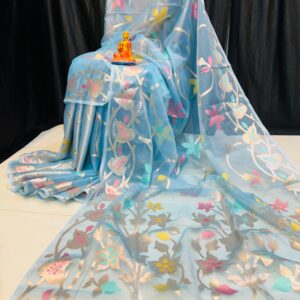 Pastel Sky Glow – Handcrafted Pure Muslin Saree with Gold Border & Multicolor Floral Motifs