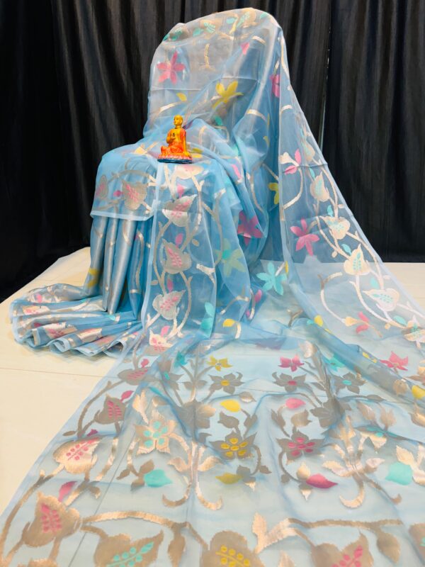 Pastel Sky Glow – Handcrafted Pure Muslin Saree with Gold Border & Multicolor Floral Motifs