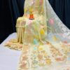 Sunlit Petals – Handcrafted Pure Muslin Saree in Pastel Yellow with Gold Border & Multicolor Floral Motifs