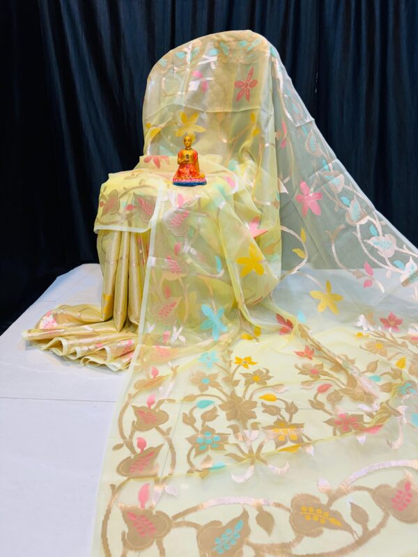Sunlit Petals – Handcrafted Pure Muslin Saree in Pastel Yellow with Gold Border & Multicolor Floral Motifs