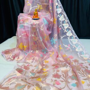 Blush Radiance – Handcrafted Pure Muslin Saree in Light Pink with Gold Border & Multicolor Floral Motifs