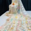 Ivory Bloom – Handcrafted Pure Muslin Saree with Gold Border & Multicolor Floral Motifs