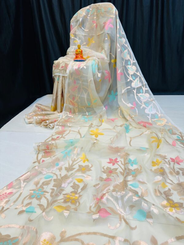 Ivory Bloom – Handcrafted Pure Muslin Saree with Gold Border & Multicolor Floral Motifs