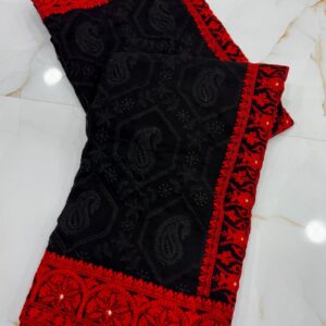 Exquisite Black & Red Handcrafted Pure Chiffon Lucknowi Chikankari Saree with Blouse Piece
