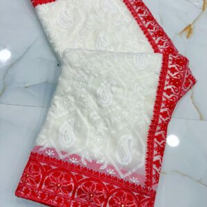 Elegant White & Red Handcrafted Pure Chiffon Lucknowi Chikankari Saree with Blouse Piece