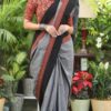Elegant Grey Handcrafted Ajrakh Saree with Black Pallu and Traditional Motifs