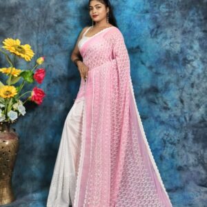Charming Two-Tone Handcrafted Hakoba Saree in Light Pink & White – Embroidered with Sequins