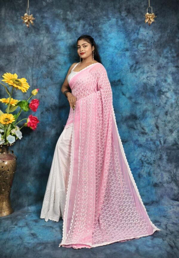 Charming Two-Tone Handcrafted Hakoba Saree in Light Pink & White – Embroidered with Sequins