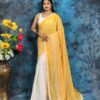 Radiant Two-Tone Handcrafted Hakoba Saree in Bright Yellow & White – Embroidered with Silver Accents