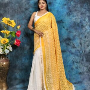 Radiant Two-Tone Handcrafted Hakoba Saree in Bright Yellow & White – Embroidered with Silver Accents