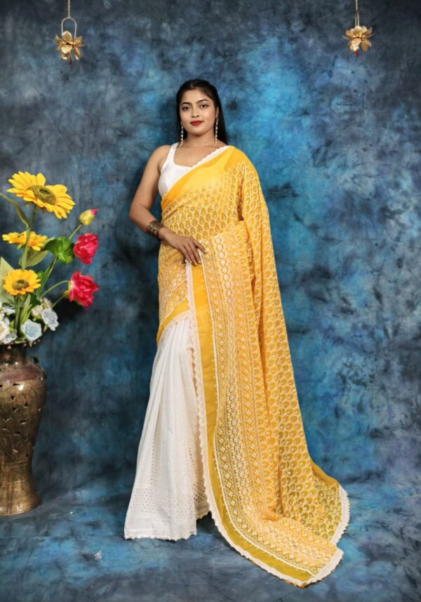 Radiant Two-Tone Handcrafted Hakoba Saree in Bright Yellow & White – Embroidered with Silver Accents