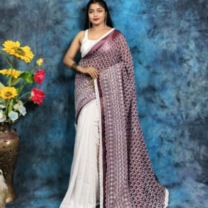 Elegant Two-Tone Handcrafted Hakoba Saree in Maroon & White – Premium Embroidered Design