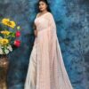 Elegant Two-Tone Handcrafted Hakoba Saree in Peach Pink & White – White Embroidery with Silver Accents
