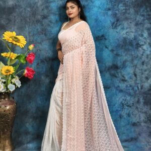 Elegant Two-Tone Handcrafted Hakoba Saree in Peach Pink & White – White Embroidery with Silver Accents