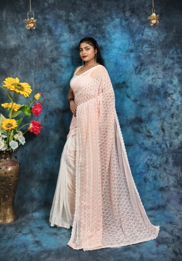 Elegant Two-Tone Handcrafted Hakoba Saree in Peach Pink & White – White Embroidery with Silver Accents