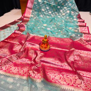 Elegant Handwoven Muslin Organza Saree – Aqua Blue & Rani Pink Contrast