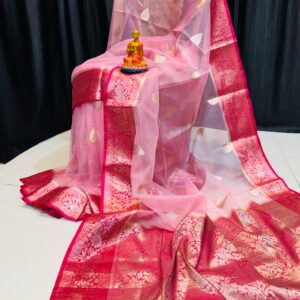 Luxury Handcrafted Muslin Organza Saree with Blouse – Light Pink & Rani Pink Accents