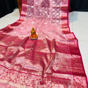 Luxury Handwoven Muslin Organza Saree – Dual Pink Contrast with Zari Motifs