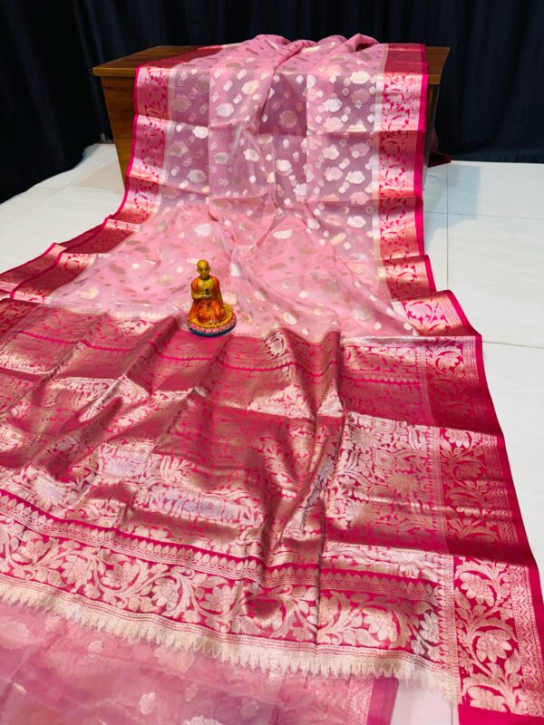 Luxury Handwoven Muslin Organza Saree – Dual Pink Contrast with Zari Motifs