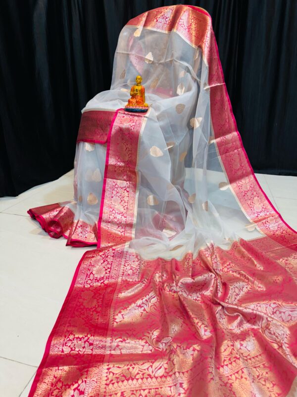 Luxury Grey Muslin Organza Saree with Handwoven Rani Pink Accents & Matching Blouse