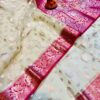Handcrafted Creamy White Muslin Organza Saree with Deep Pink Zari Border & Blouse