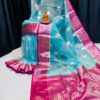 Luxury Handwoven Muslin Organza Saree in Turquoise with Magenta Zari Highlights