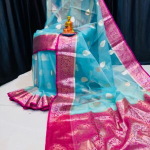 Luxury Handwoven Muslin Organza Saree in Turquoise with Magenta Zari Highlights