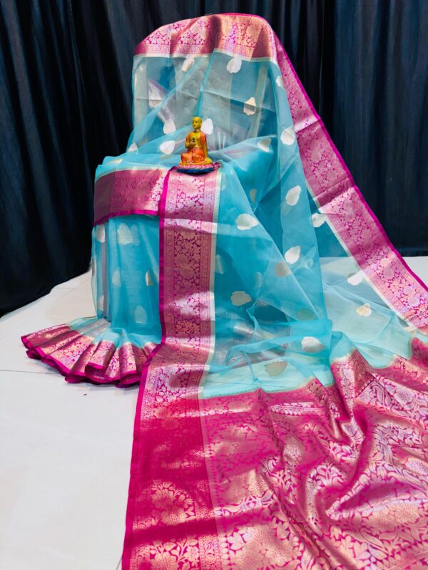 Luxury Handwoven Muslin Organza Saree in Turquoise with Magenta Zari Highlights
