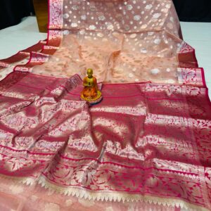 Luxury Handwoven Muslin Organza Saree – Coral Elegance with Rani Pink Accents