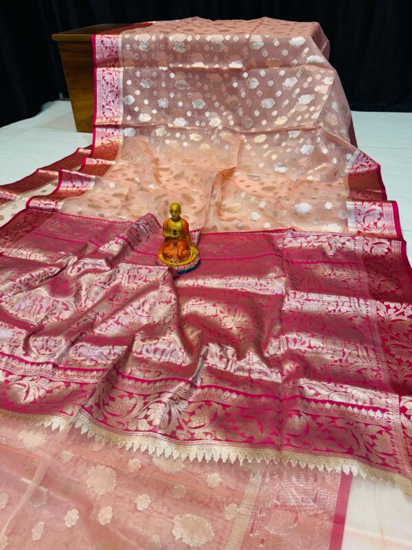 Luxury Handwoven Muslin Organza Saree – Coral Elegance with Rani Pink Accents