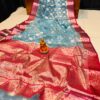 Luxury Handwoven Muslin Organza Saree – Sky Blue & Rani Pink Contrast with Blouse