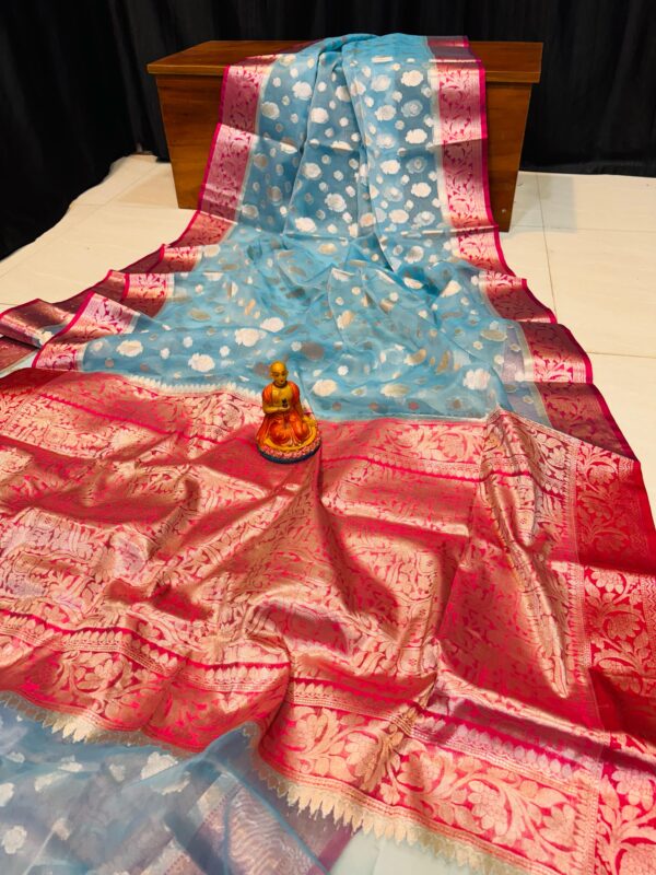 Luxury Handwoven Muslin Organza Saree – Sky Blue & Rani Pink Contrast with Blouse
