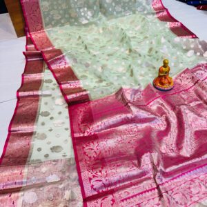 Luxury Handwoven Muslin Organza Saree – Green Serenity with Rani Grandeur