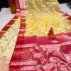 Handcrafted Butter Yellow Muslin Organza Saree with Maroon Zari Border & Blouse
