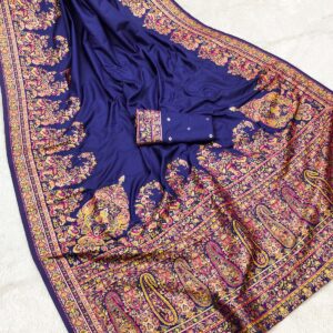 Festive Kashmiri Handcrafted Pashmina Silk Saree – Midnight Blue Elegance