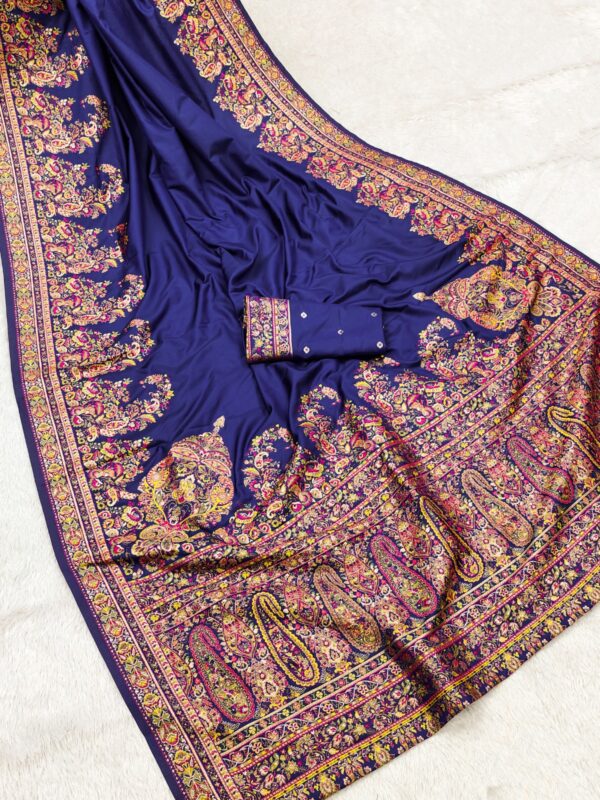 Festive Kashmiri Handcrafted Pashmina Silk Saree – Midnight Blue Elegance