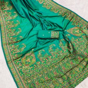 Festive Kashmiri Handcrafted Pashmina Silk Saree – Emerald Green with Intricate Weaves