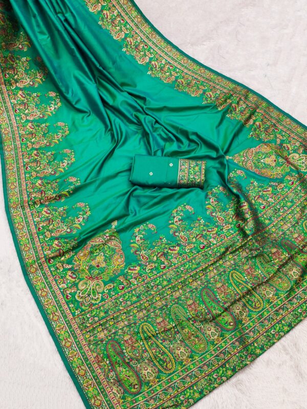 Festive Kashmiri Handcrafted Pashmina Silk Saree – Emerald Green with Intricate Weaves
