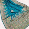 Festive Kashmiri Handwoven Peacock Blue Pashmina Silk Saree with Blouse Piece