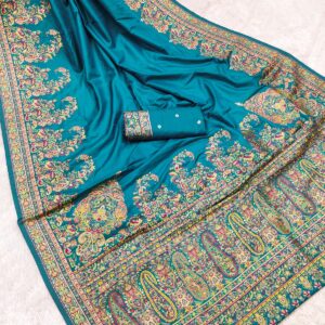 Festive Kashmiri Handwoven Peacock Blue Pashmina Silk Saree with Blouse Piece