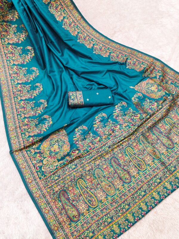 Festive Kashmiri Handwoven Peacock Blue Pashmina Silk Saree with Blouse Piece