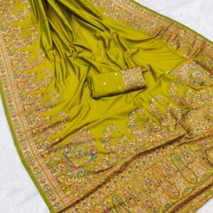 Festive Olive Green Kashmiri Handwoven Pashmina Silk Saree with Blouse Piece