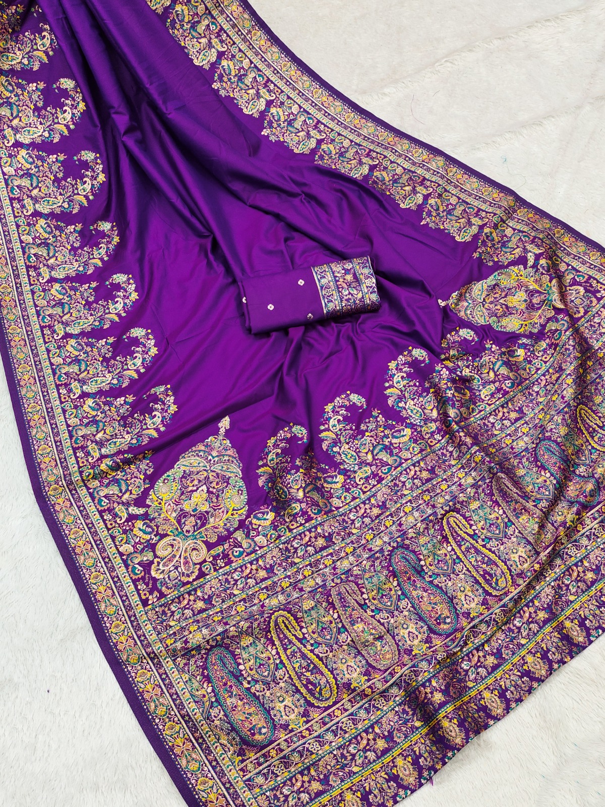 Festive Kashmiri Handwoven Royal Purple Pashmina Silk Saree with Blouse Piece