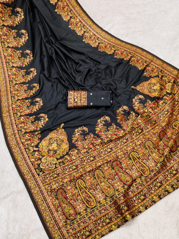 Festive Handcrafted Kashmiri Pashmina Silk Saree in Black with Blouse Piece