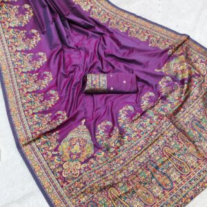 Festive Kashmiri Handcrafted Deep Violet Pashmina Silk Saree with Blouse Piece