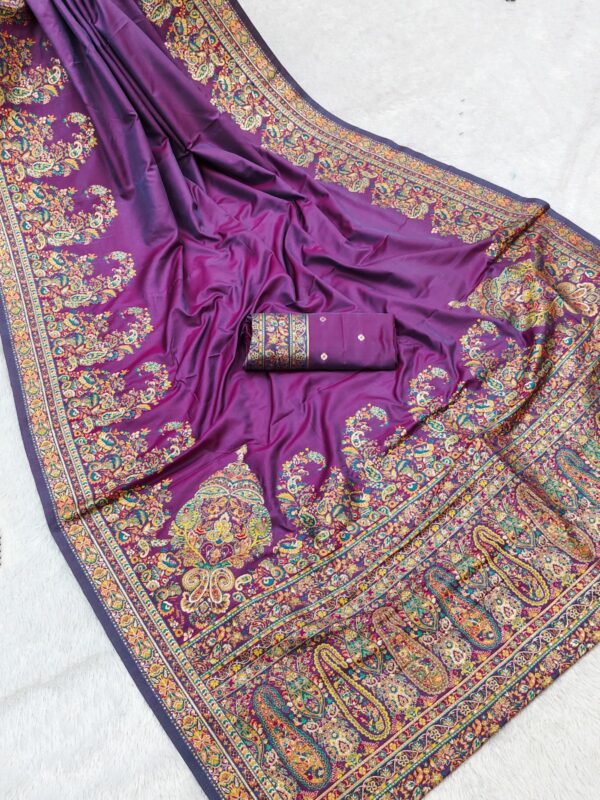 Festive Kashmiri Handcrafted Deep Violet Pashmina Silk Saree with Blouse Piece