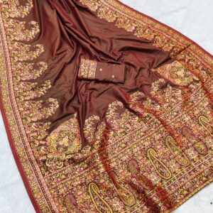 Festive Kashmiri Handcrafted Pashmina Silk Saree – Deep Maroon with Intricate Weaves