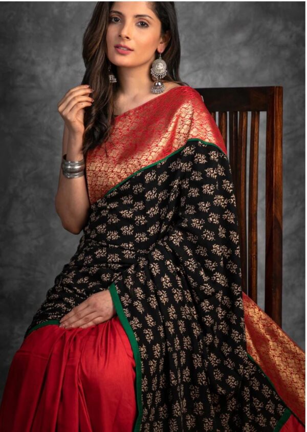 Vibrant Multicolor Handcrafted Ajrakh Saree in Red, Black & Gold Accents